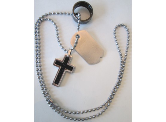 Vintage GOTH NECKLACE With Dog Tag, Cross & Ring, Stainless Steel, Ball Chain