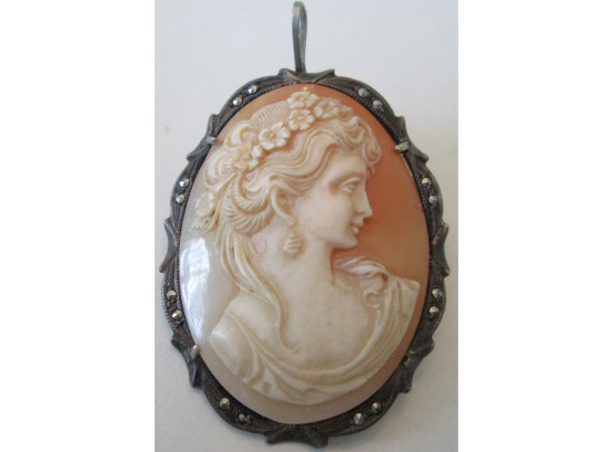 Vintage, Victorian PORTRAIT BROOCH PENDANT, Carved CAMEO Insert, Silver Tone Base Metal Setting