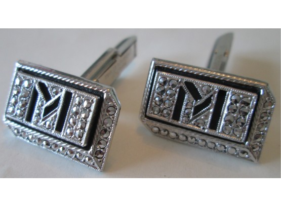 Signed KIMLER & DANIELS! Vintage Pair CUFF LINKS, STERLING .925 Silver Settings, 'M' Initial