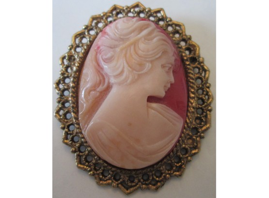 Signed Vintage Victorian CAMEO Style BROOCH PIN, Gold Tone Base Metal Finish, Costume