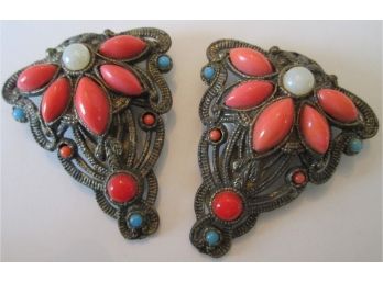 Vintage PAIR SHOE CLIPS, Spectacular TRIANGLE Design, Faux Coral, Turquoise Color Cabochons, Base Metal Finish