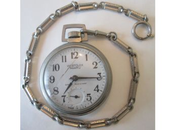 Signed WESTCLOX, Vintage SCOTTY POCKET WATCH With Chain, Silver Tone Base Metal Finish