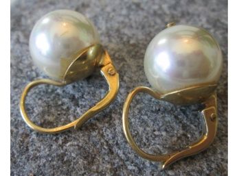 Vintage PAIR Pierced EARRINGS WITH GUARD, Faux Pearl, Gold Tone Settings