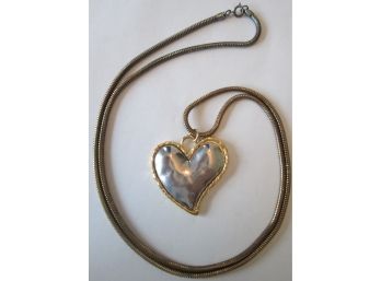 Vintage HEART NECKLACE, Silver & Gold Base Metal Fabrication, Smooth Chain, Mechanical Closure