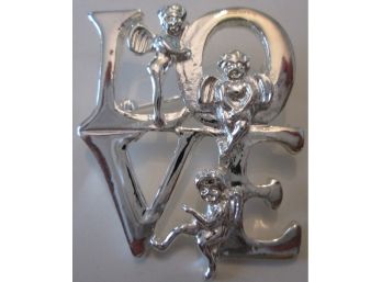 Vintage 'LOVE' BROOCH PIN, Cherub Detail, Bright Silver Tone Base Metal Finish