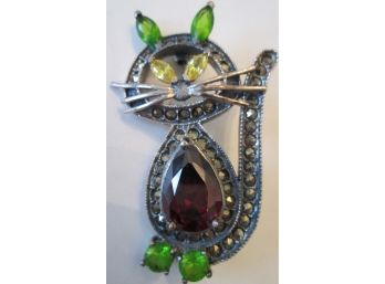 Vintage KITTY CAT BROOCH PIN, STERLING .925 Silver Setting, FACETED Rhinestones Beautifully Crafted