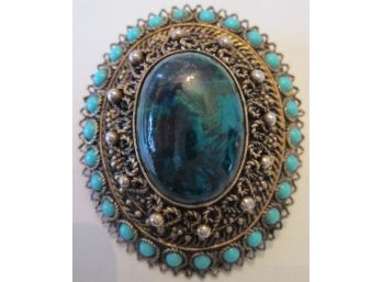 Spectacular Vintage Chrysocolla BROOCH PIN Pendant, STERLING .925 Silver FILIGREE Setting Beautifully Crafted