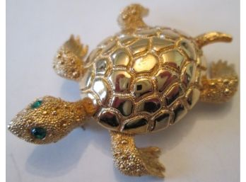 Signed MONET, Vintage TURTLE BROOCH PIN, GREEN Faceted Rhinestone Eyes, Gold Tone Base Metal Finish