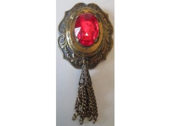 Vintage LOCKET BROOCH PIN, Central RED RHINESTONE With TASSLE, Antiqued Base Metal Setting, Costume