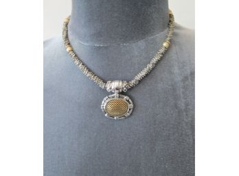 Vintage FLAT BEAD NECKLACE, Pendant With MESH Insert, Snap Closure, Silver Tone Base Metal