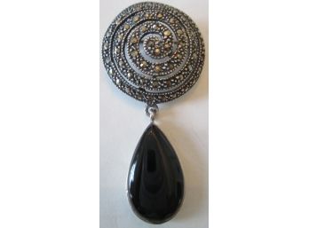 Vintage TEARDROP Dangle BROOCH PIN, STERLING .925 Silver Setting, Faceted Marcasite Stones