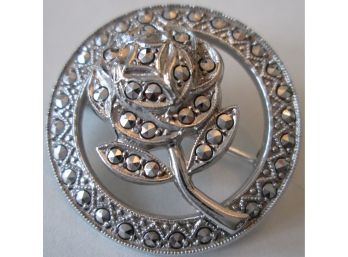 Vintage ROSEBUD BROOCH PIN, STERLING .925 Silver Setting, Faceted Marcasite Stones