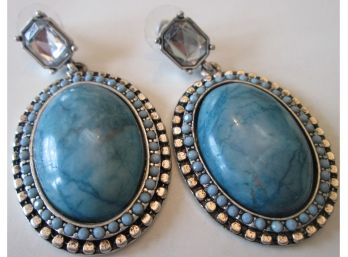 Vintage PAIR Pierced EARRINGS With Backs, Faux TURQUOISE Cabochons, Silver Tone Base Metal Settings