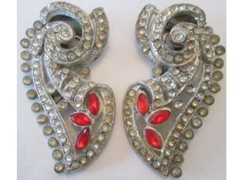 Vintage PAIR SHOE CLIPS, Spectacular PAISLEY Design, Red & Crystal Rhinestones, Silver Tone Base Metal Finish