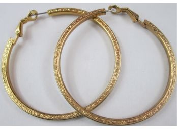 Vintage Pierced Hoop EARRINGS With Guards, OVERSIZED, Embossed Design, Gold Tone Base Metal Construction