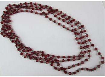 Vintage Single STRAND NECKLACE, RED Glass Beads, Approximately 74' Length, Slip Over, Base Metal Chain