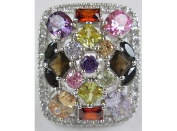 Contemporary Finger STATEMENT Ring, Multicolor Rhinestones, Sterling .925 Silver Setting, Approximate 66