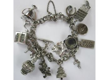 Vintage CHAIN BRACELET, Themed 15 Charms, Sterling 925 Silver, Functional Closure
