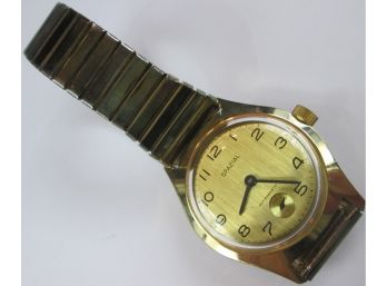 Signed SPAZIAL, Vintage Automatic WRISTWATCH, ROUND Face, Gold Tone Base Metal, Expansion Bracelet Band