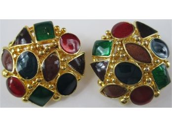 Vintage Clip Earrings, Textured DOMED Design, Multicolor Accents, Gold Tone Base Metal Construction