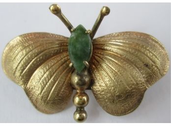 Signed WINGARD, Vintage BUTTERFLY MARIPOSA BROOCH PIN, Jade Green Color Stone, Gold Tone Base Metal