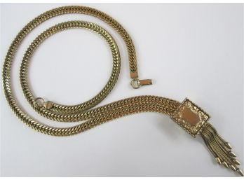 Vintage Flat Chain Necklace, Slide TASSEL Pendant, Gold Tone Base Metal Construction, Functional Clasp