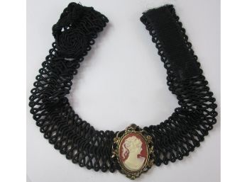 Handcrafted Vintage BRAID Choker Necklace, Faux CAMEO Insert, Black Soutache Gimp, Base Metal Setting
