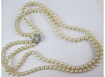 Vintage Faux PEARL NECKLACE, Double Strand, Faceted Rhinestoneclasp