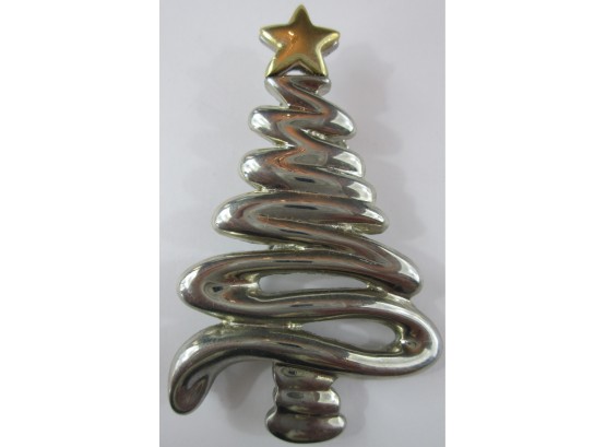 Vintage BROOCH PIN, Holiday Xmas Tree, Two Tone, Muted Silver & Gold Base Metal Construction