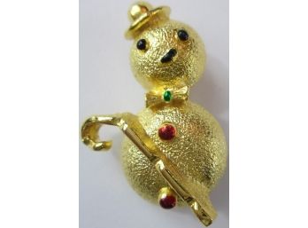 Vintage SNOWMAN BROOCH PIN, Colorful Details, Gold Tone Base Metal Setting, Hand Decorated