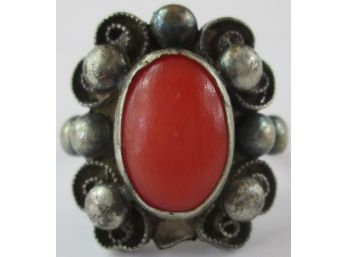 Vintage Finger Ring, Orange Cabochon Central Stone, European Sterling .800 Silver Setting, Approximate Size 6