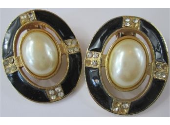 Vintage PAIR CLIP EARRINGS, Domed Faux Pearl Cabochons With Rhinestones, Gold Tone Base Metal Settings