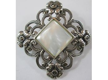 Vintage BROOCH PIN, Square Mother Of Pearl Insert, Floral Filigree Frame, Sterling .925 Silver Setting
