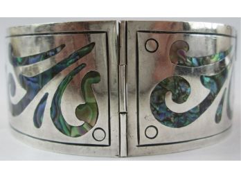 Vintage Segmented WIDE Bangle BRACELET, Geometric ABALONE Inlay, Sterling .925 Silver Setting, TAXCO MEXICO