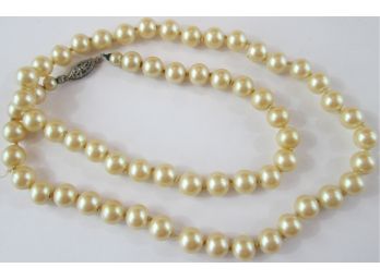 Vintage Single STRAND Necklace, Uniform Faux PEARLS, Individually Knotted, 21' Length, Gold Tone Clasp