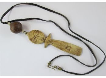 Vintage CORD NECKLACE, Primitive Style FIGURAL Pendant, Hook & Loop Closure, Approximately 25' Length