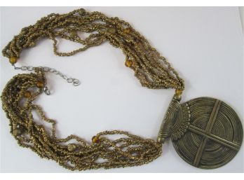 Vintage Multi Strand NECKLACE, Large SHIELD Pendant, Earth Tone Gilt Beads, Antiqued Base Metal, Adjustable