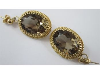 Vintage Pierced Earrings, Dangle SMOKY TOPAZ Stones, 14k Gold PEARL Edge Settings, Post Backings, Fine Quality