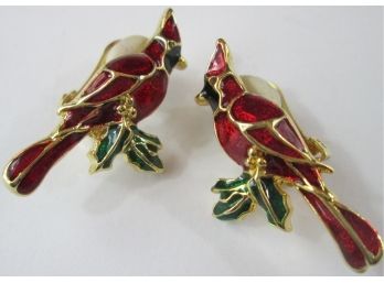 Vintage Pair CLIP EARRINGS, Colorful RED CARDINALS Design, Gold Tone Base Metal Settings