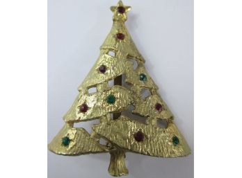 Vintage BROOCH PIN, Holiday Xmas Tree, Red & Green Rhinestones, Matte Gold Base Metal Construction