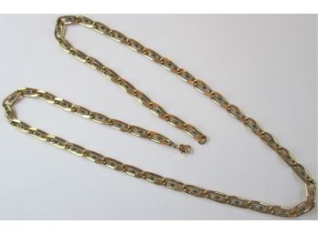 Vintage CHAIN Necklace, Link LOOP Design, CLEAR & BLUE Rhinestones, Gold Tone Base Metal, Clasp Closure