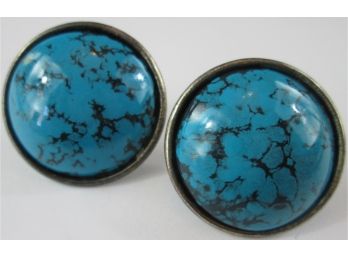 Contemporary PAIR Pierced EARRINGS, Turquoise Color CABOCHON Inserts, Silver Tone Base Metal Setting