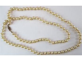 Vintage Single STRAND Necklace, Uniform Faux PEARLS, Individually Knotted, 36' Length, Gold Tone Clasp