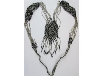 Vintage BOHO Style Necklace,  Crystal & Black Color Beads, SNOWFLAKE Design, Fringed Ends
