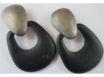 Vintage Pair CLIP EARRINGS Circa 1980s, Hinged Dangle Design, Black & Pewter Color