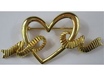 Contemporary BROOCH PIN, Stylized RIBBON HEART Design, Gold Tone Base Metal Setting