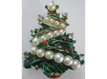 Vintage BROOCH PIN, Decorated Xmas Tree, Faux Pearls & Rhinestones, Base Metal Construction