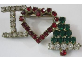 Vintage BROOCH PIN, Clear Red & Green RHINESTONES, 'I LOVE CHRISTMAS' Design, Base Metal Setting