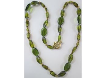 Vintage Single Strand Necklace, AVOCADO GREEN Glass Beads, Approximately 24' Length, Sterling 925 Silver Clasp
