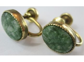 Vintage PAIR SCREW EARRINGS, Jade Green Color Oval Cabochons, Gold Filled Setings